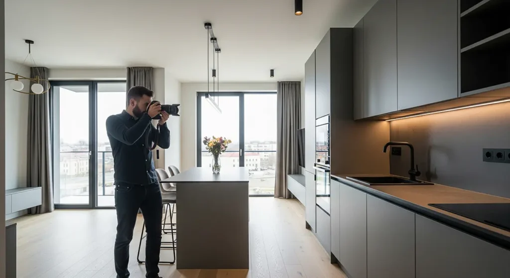Fotograf w Rzeszowie stoi w nowoczesnej, jasnej kuchni, robiąc zdjęcia dla usługi fotograficzne. Duże okna wpuszczają naturalne światło, podkreślając eleganckie szare szafki, jasne drewniane podłogi i wazon z kwiatami na wyspie.