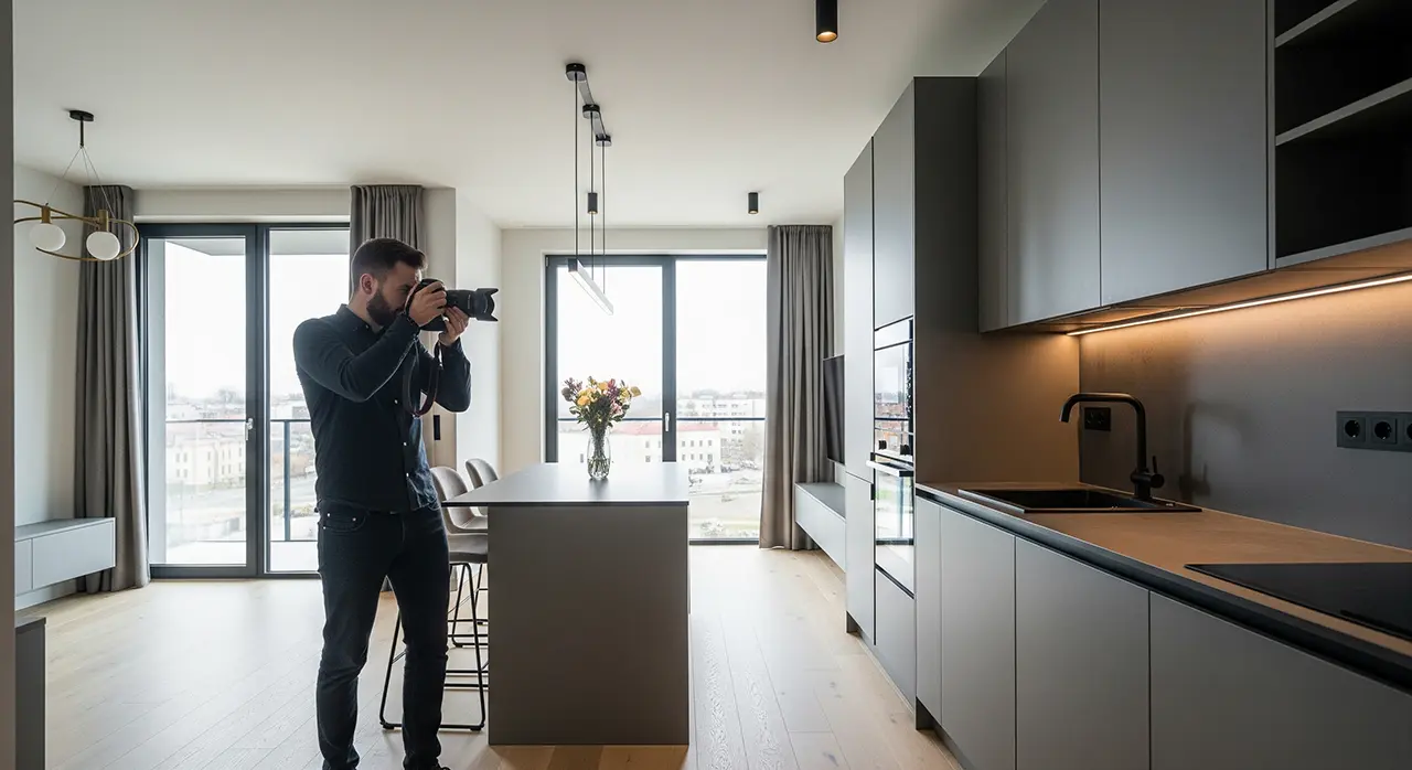 Fotograf w Rzeszowie stoi w nowoczesnej, jasnej kuchni, robiąc zdjęcia dla usługi fotograficzne. Duże okna wpuszczają naturalne światło, podkreślając eleganckie szare szafki, jasne drewniane podłogi i wazon z kwiatami na wyspie.
