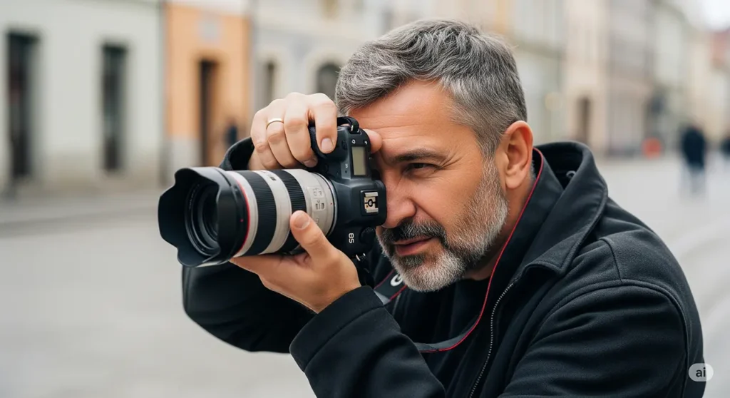 Mężczyzna w średnim wieku o siwych włosach i brodzie trzyma lustrzankę przy oku, robiąc zdjęcie w plenerze. Oferuje usługi fotograficzne jako jeden z lokalnych specjalistów na ulicy w Rzeszowie, z rozmytymi budynkami za nim.