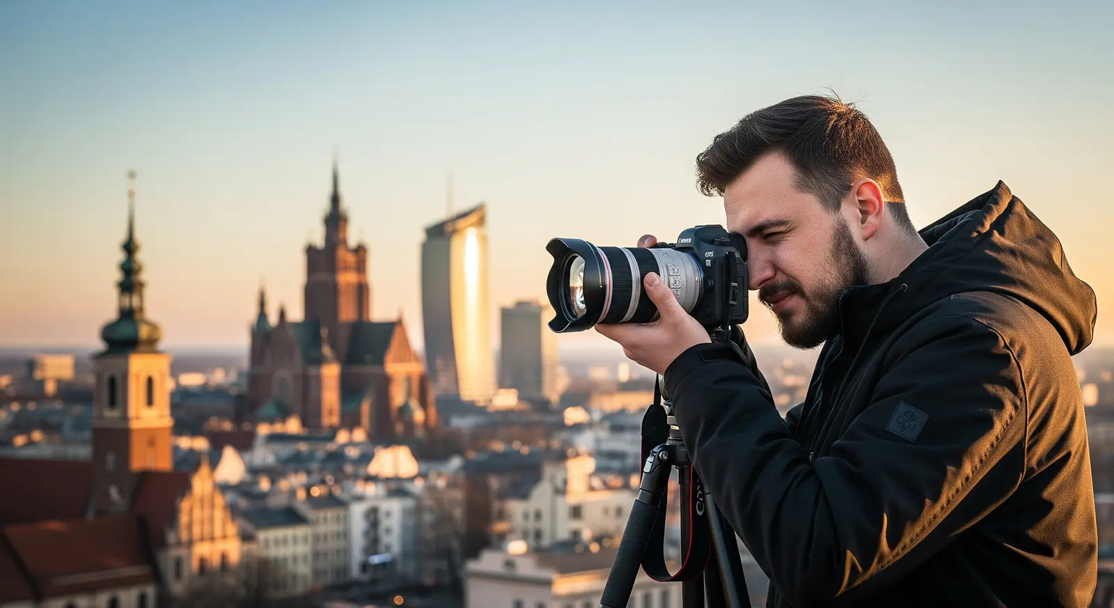 Brodaty fotograf w ciemnej kurtce robi zdjęcie aparatem na statywie, uwieczniając panoramę Rzeszowa z zabytkowymi wieżami kościołów i nowoczesnymi budynkami o zachodzie słońca - pokazując usługi fotograficzne w najlepszym wydaniu.
