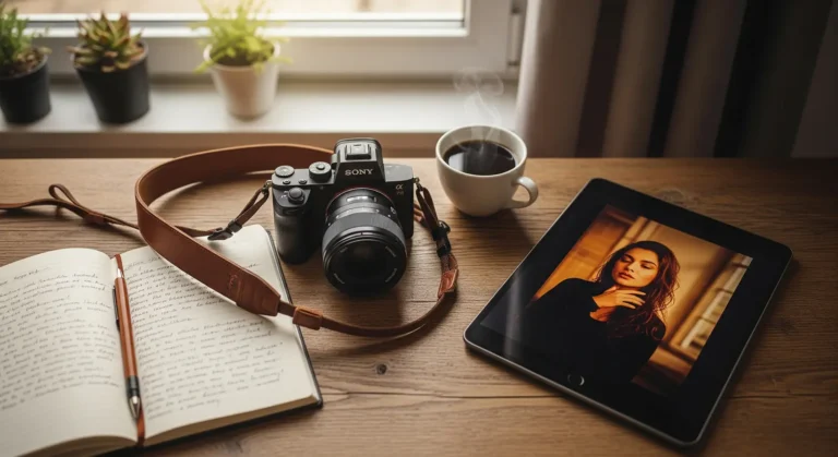 Aparat fotograficzny, tablet z portretem kobiety, notatnik, długopis i parująca kawa stoją na drewnianym biurku przy oknie z roślinami doniczkowymi - zachęcające miejsce pracy dla każdego pasjonata fotografii Rzeszów lub kreatywnych usług fotograficznych.