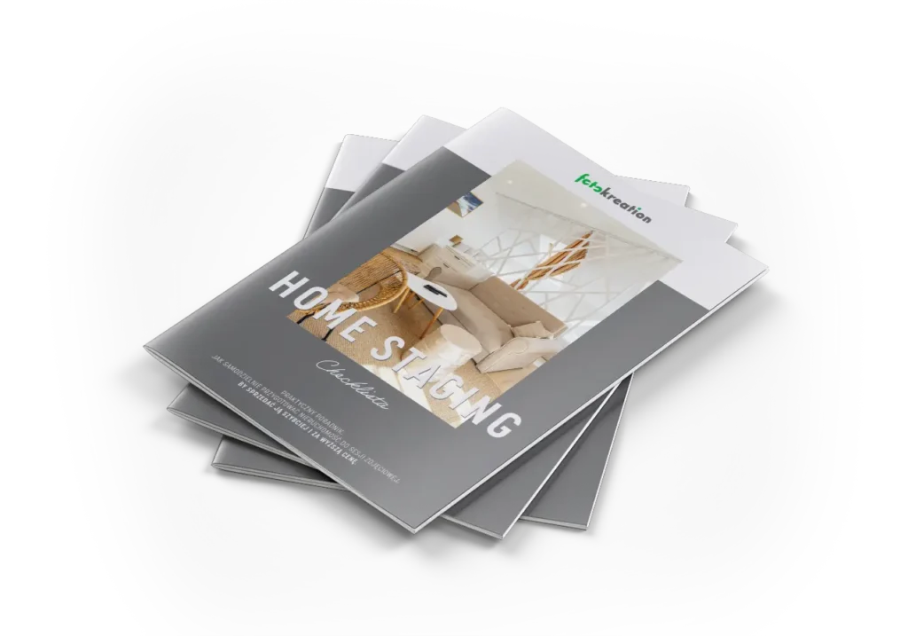 Stos broszur zatytułowany Home Staging Checklist zawiera zdjęcie okładkowe autorstwa rzeszowskiego fotografa nieruchomości, przedstawiające nowoczesny, schludnie urządzony salon i logo Keyesdesign u góry.