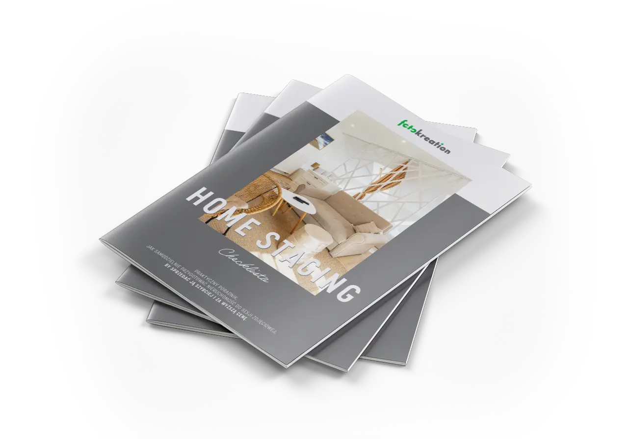 Stos broszur zatytułowany Home Staging Checklist zawiera zdjęcie okładkowe autorstwa rzeszowskiego fotografa nieruchomości, przedstawiające nowoczesny, schludnie urządzony salon i logo Keyesdesign u góry.