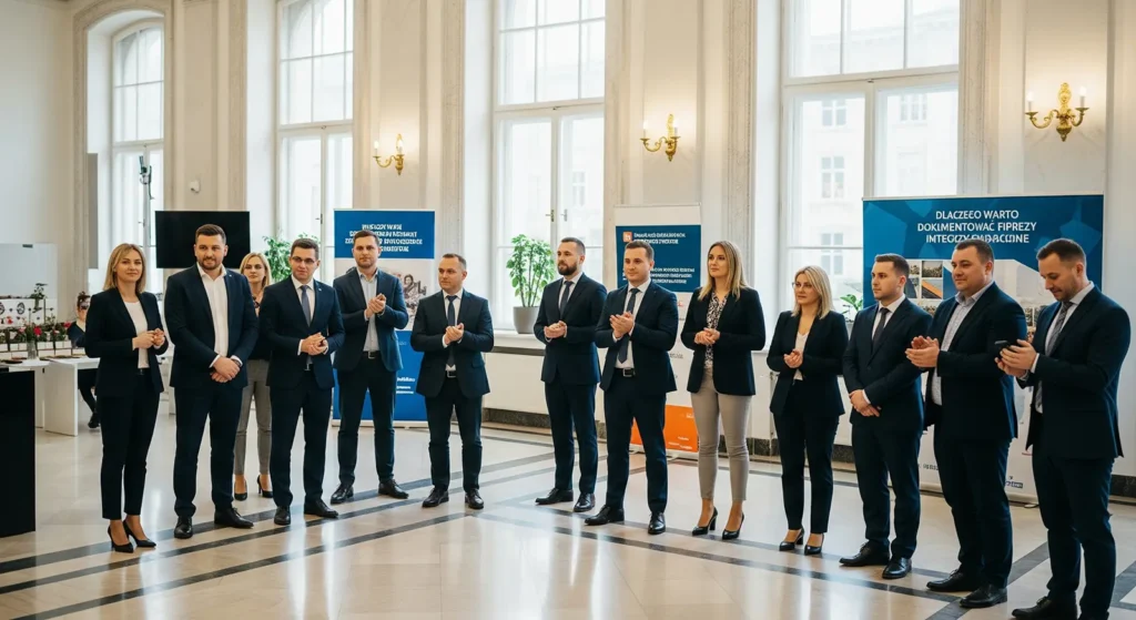 Grupa dwunastu profesjonalnie ubranych osób stoi w jasnym, eleganckim pomieszczeniu z wysokimi oknami i banerami w tle, wydając się uczestniczyć i dokumentować imprezy integracyjne lub inne oficjalne imprezy integracyjne.