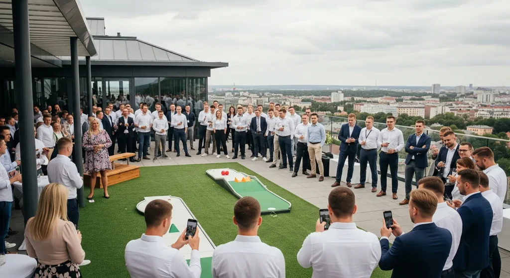 Duża grupa ludzi, głównie mężczyzn w białych koszulach, gromadzi się na tarasie na dachu wokół zestawu do minigolfa podczas firmowych imprez, niektórzy robią zdjęcia telefonami do dokumentowania imprez, z widocznym w tle krajobrazem miasta.