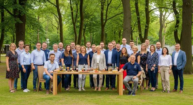 Grupa około 30 dorosłych osób, swobodnie ubranych, pozuje razem na świeżym powietrzu wśród drzew, stojąc i siedząc wokół drewnianego stołu zastawionego napojami i przekąskami, uśmiechając się do kamery - idealne do dokumentowania imprez firmowych.