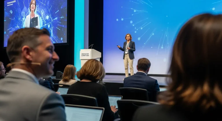 Kobieta stoi na scenie prezentując na konferencji, z dużym niebieskim ekranem za nią. Słuchacze siedzą, niektórzy korzystają z laptopów. Po lewej stronie fotorelacja z konferencji zawiera projekcję prelegenta na dodatkowym ekranie.