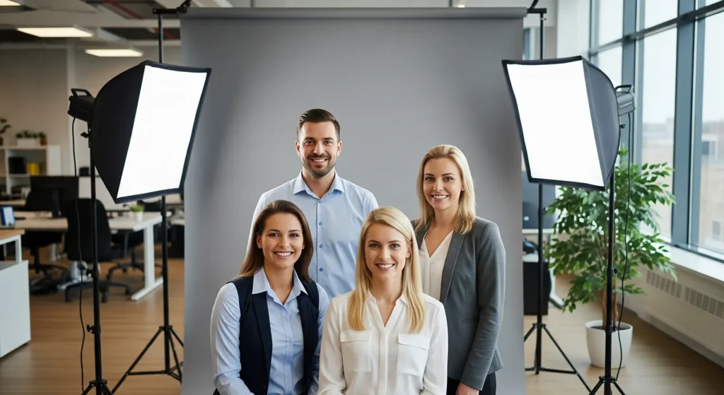 Cztery profesjonalnie ubrane osoby uśmiechają się w biurowym studiu fotograficznym podczas sesji zdjęciowej, otoczone dwoma dużymi lampami softbox, szarym tłem i oknami odsłaniającymi jasną przestrzeń roboczą z roślinami - idealną do przygotowania firmy na zdjęcia biznesowe
