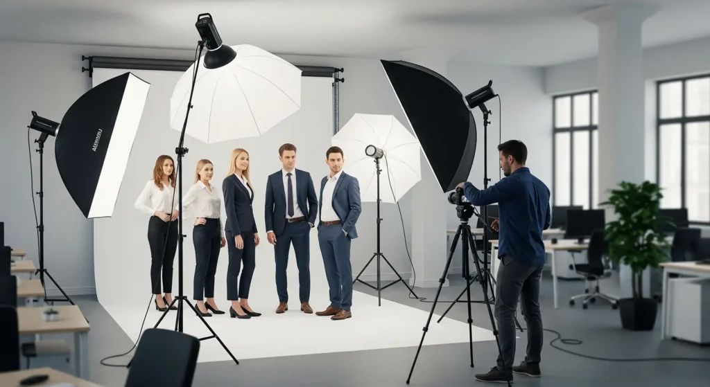 Fotograf uchwycił grupę pięciu profesjonalnie ubranych osób podczas sesji zdjęciowej w studiu z parasolami, światłami i tłem